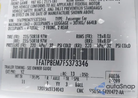 2015 Ford Mustang V6 из США, поврежденный, VIN 1FATP8EM7F5373346